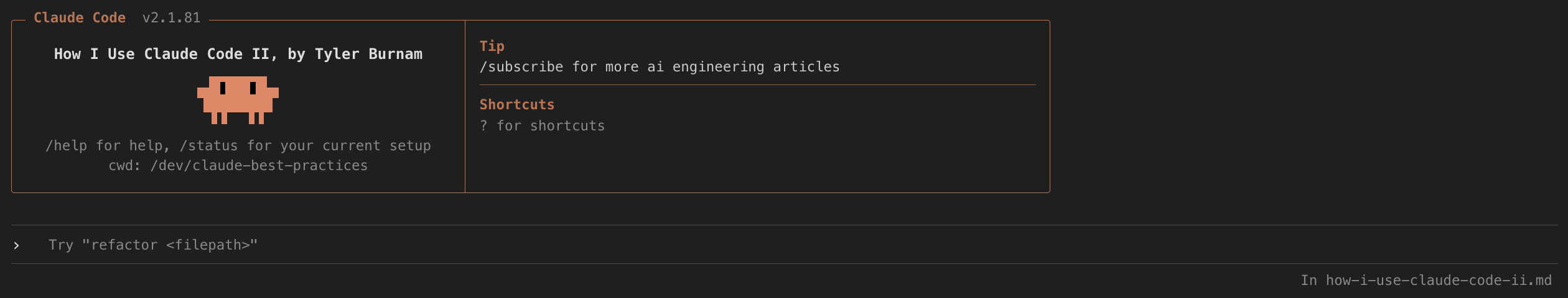 Claude Code welcome screen: How I Use Claude Code II, by Tyler Burnam