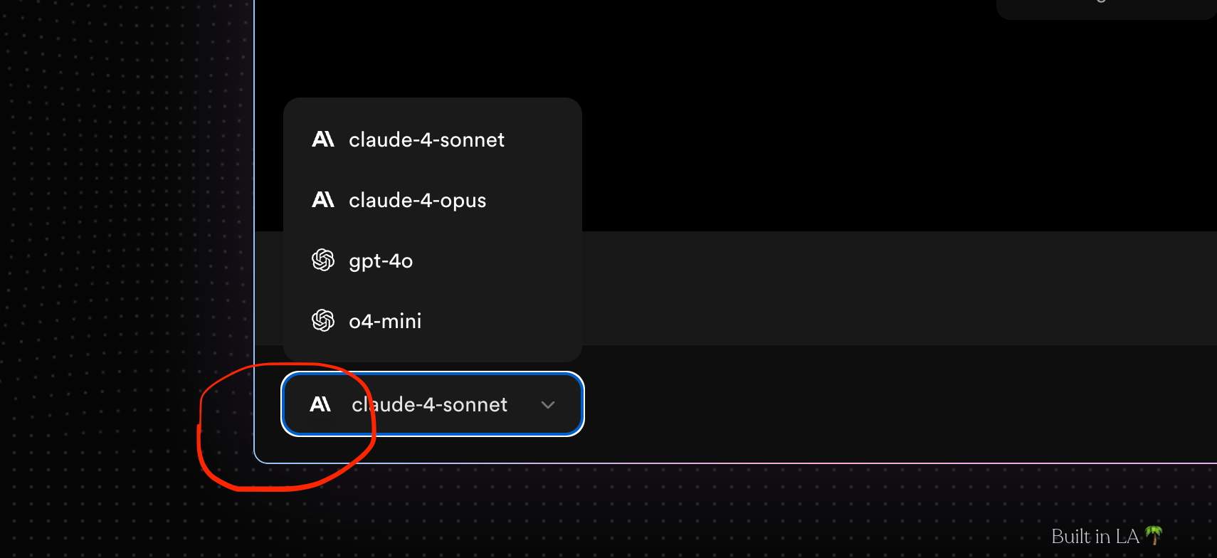 A model-selector dropdown whose border does not match the control pane, circled in red